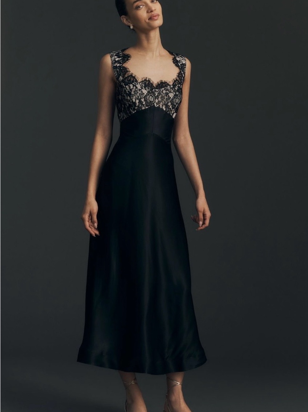 Anthropologie Black Lace Bodice Satin Midi Dress Size 1X